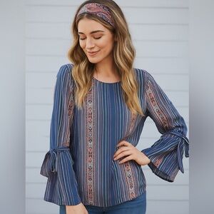 LC Lauren Conrad Women's Hippie Striped Blue Bell Sleeve Blouse
